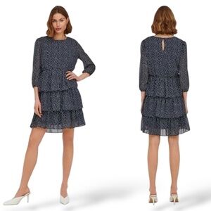 ONLY Easy Care Poly Chiffon Fully Lined, Tiered Long Sleeve Mini Dress US Sz 6